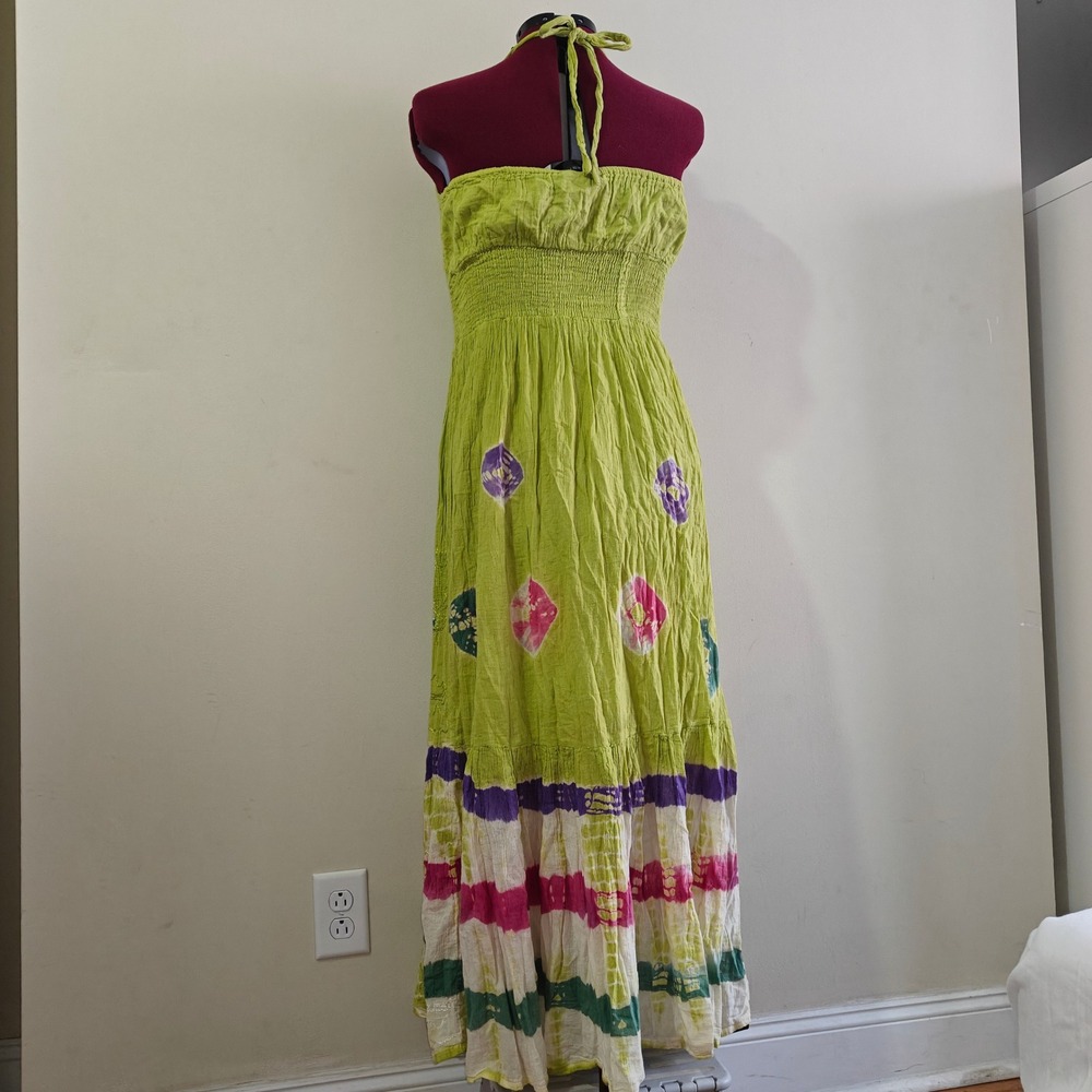 Lime Green Cotton Tie Dye Maxi Dress Boho Halter Smocked Waist One Size Colorful - Picture 2 of 8